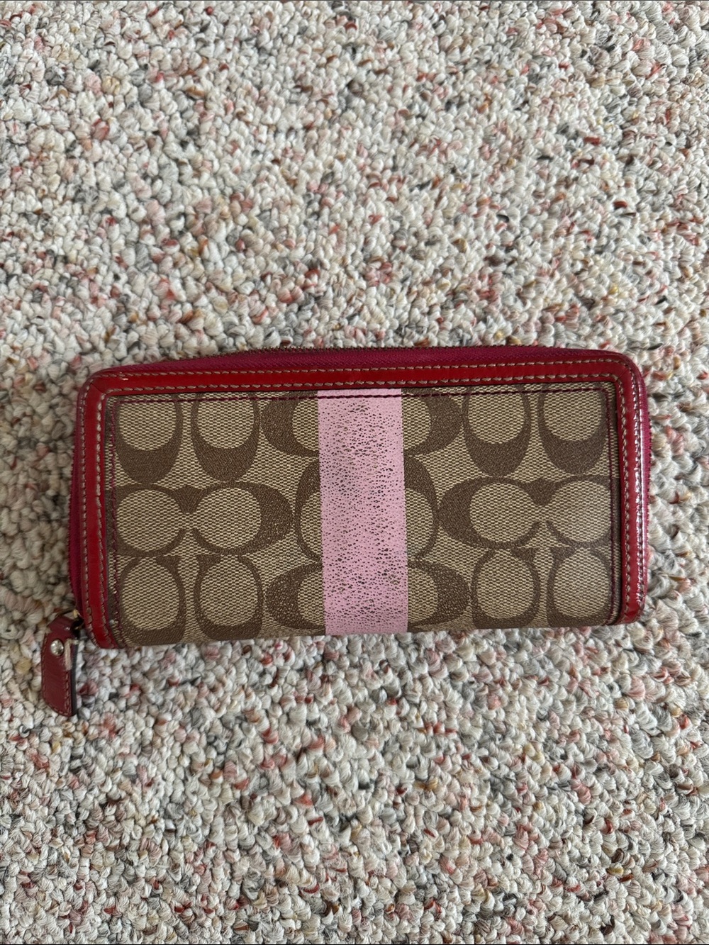 Coach Brown Signature Wallet with Pink Stripe and Red Trim - Picture 4 of 4